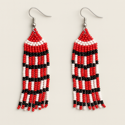 Crimson Edge Beaded Fringe Earrings – Red, Black & White Statement Jewelry