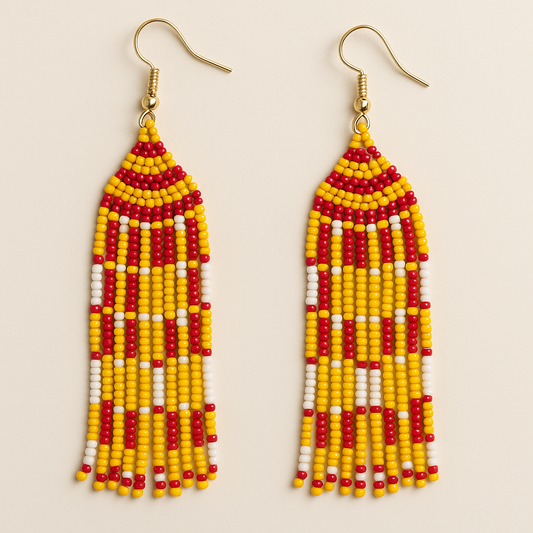 Blaze Beaded Fringe Earrings – Red, Yellow & White Statement Jewelry