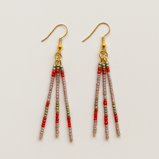 Blush Beaded Earrings – Light Grey, Red & Bronze | Handmade, Lightweight, Hypoallergenic Gold Hooks