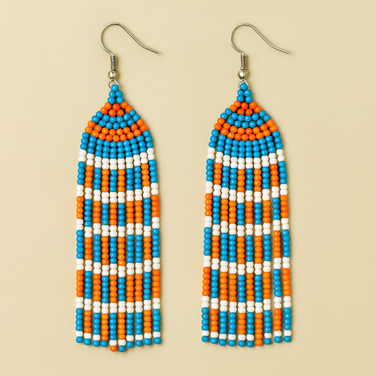 Tidal Flame Beaded Fringe Earrings – Orange, Blue & White Statement Jewelry