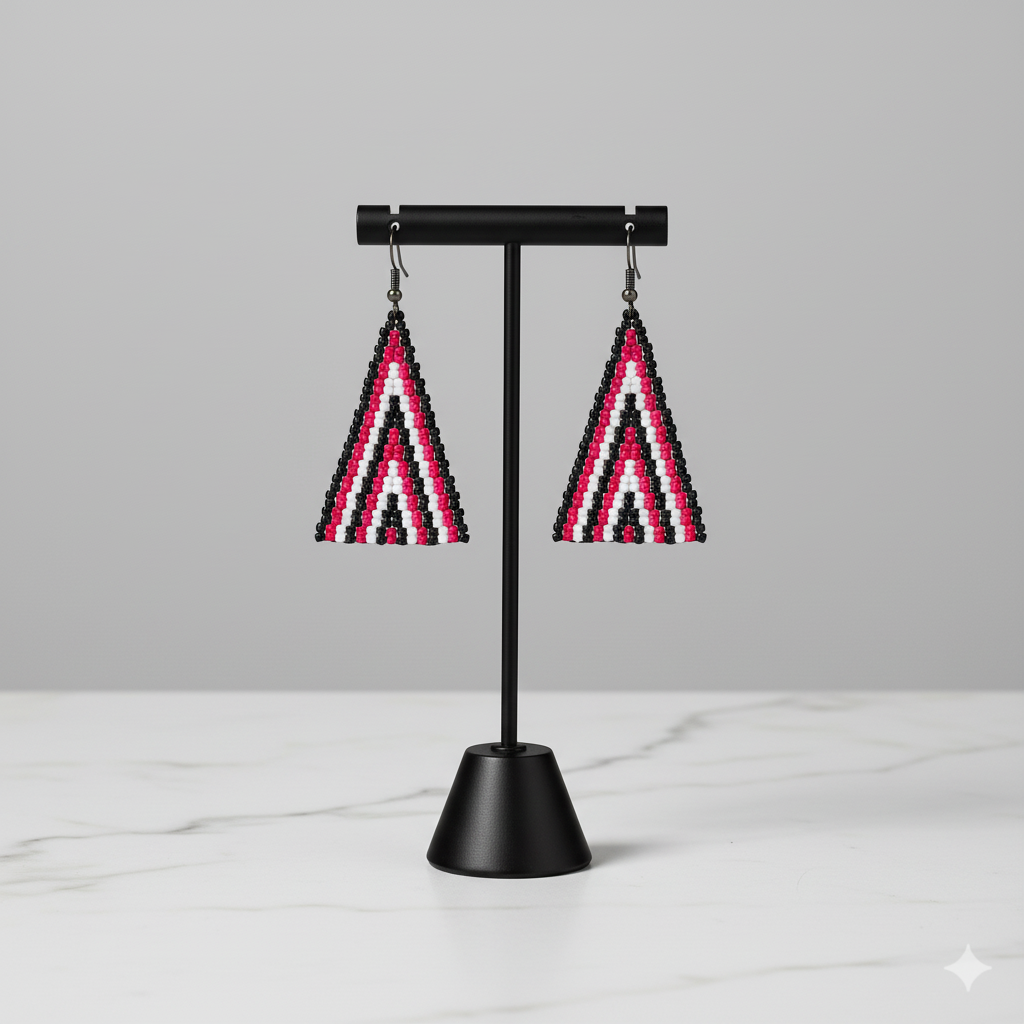 Crimson Triangle Earrings – Black, Red & White Beaded Statement
