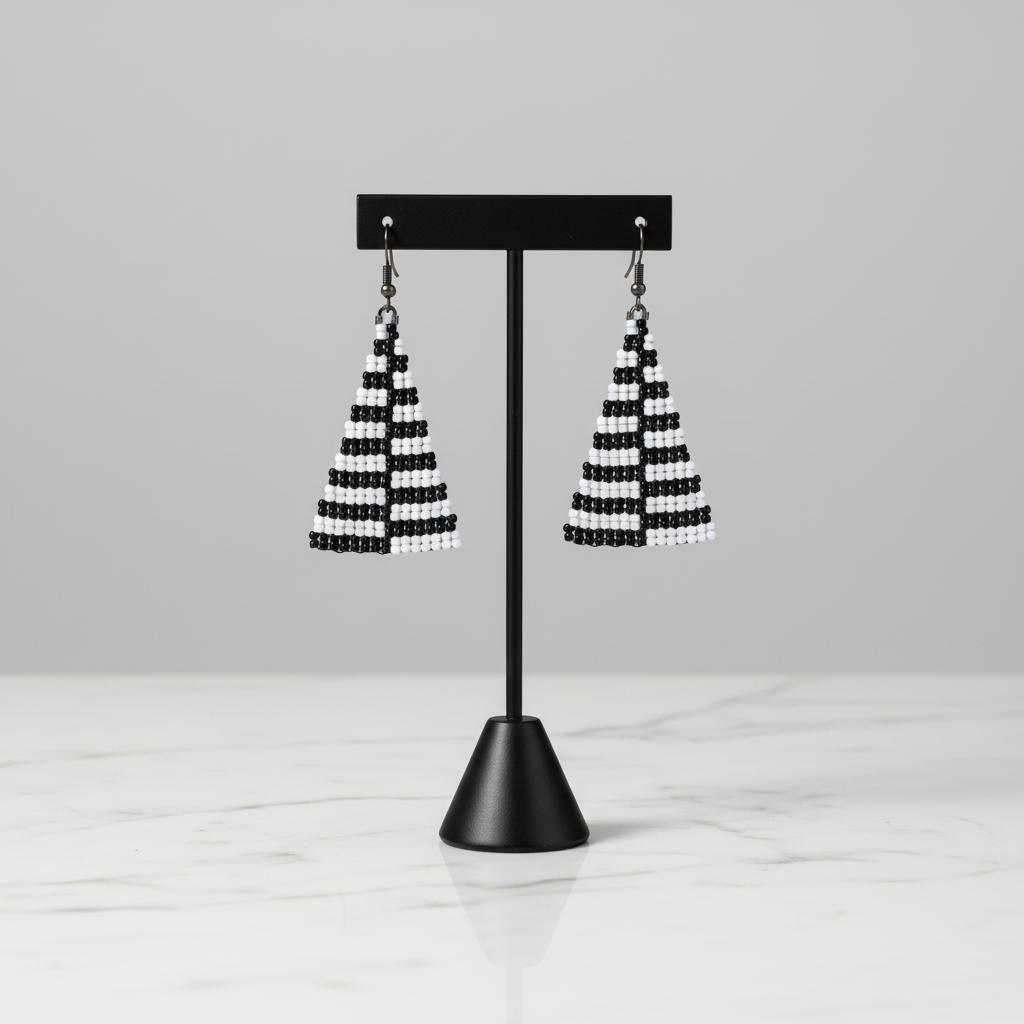 Graphite Triangle Earrings – Black & White Beaded Statement