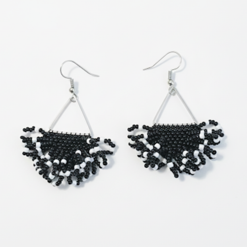 Command Fringe Earrings – Black & White Beaded Statement