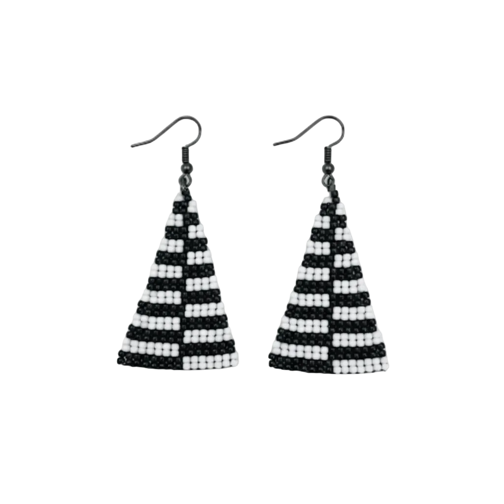 Graphite Triangle Earrings – Black & White Beaded Statement