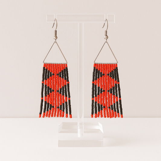 Crimson Ember Beaded Fringe Earrings