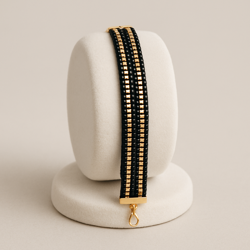 Elegant Black & Gold Hand Beaded Bracelet