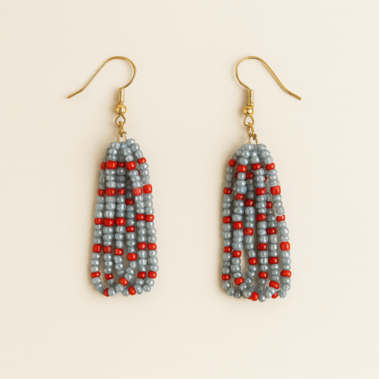 Gina Earrings – Gray & Red Fringe Elegance from the Genesis Collection