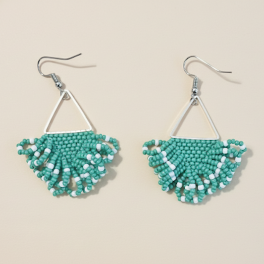 Verdant Fan Earrings – Green & White Beaded Statement