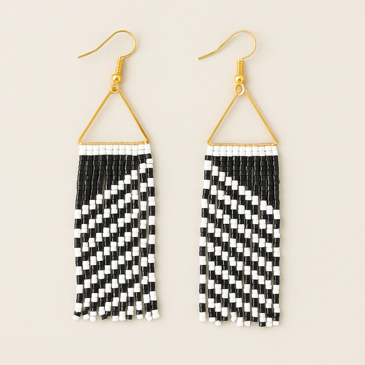 Monochrome Rhythm Fringe Earrings – Hand-Beaded Black & White Statement Dangles