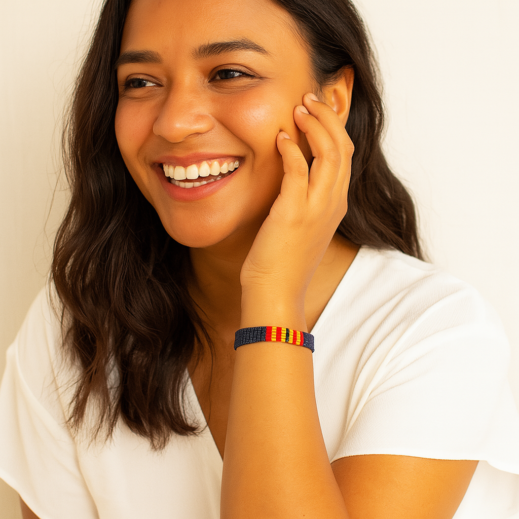 Vibrant Flame Beaded Bracelet – Navy Blue, Yellow & Red