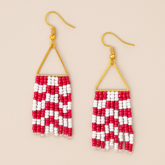 Checkerboard Fuchsia & Opaque White Fringe Beaded Earrings – Handcrafted Luxury Statement, 2.75 Inches