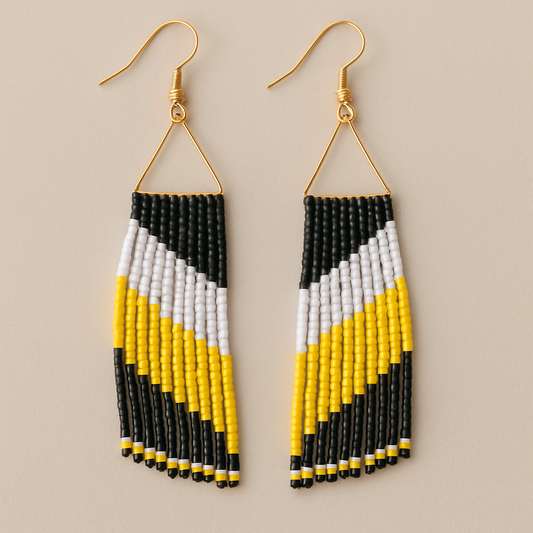 She Is Beaded Fringe Earrings – Black Yellow White Handmade Statement Earrings